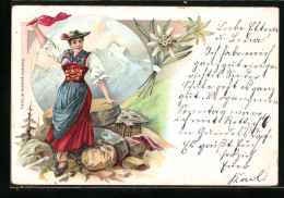 Lithographie Winkende Dame In Alpenländer Tracht  - Costumes