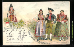 Lithographie Bayerische Volkstrachten, Bürger In Trachten Aus Unterfranken Und Aschaffenburg  - Kostums