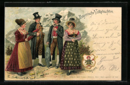 Lithographie Bayerische Tracht, Gruppenbild Mit Münchner Kindl  - Trachten