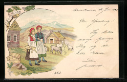 Lithographie Zwei Bäuerinnen In Norwegischer Tracht Vor Dem Ziegenmelken  - Non Classificati