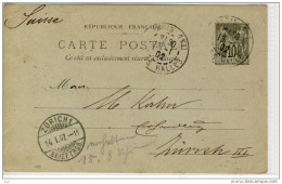 ENTIRE CP 10c, 1902;   Paris Pour Zürich, Suisse - Cartes Postales Types Et TSC (avant 1995)