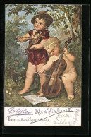 Künstler-AK Kinder Mit Geige Und Cello  - Music And Musicians