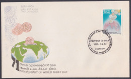 Sri Lanka Ceylon 1995 FDC World Thrift Day, Coins On Stamps, Coin, Globe, Map, First Day Cover - Sri Lanka (Ceylon) (1948-...)