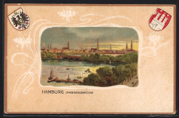 Passepartout-Lithographie Hamburg-Neustadt, Blick Auf Die Lombardsbrücke, Wappen Der Stadt Hamburg  - Autres & Non Classés