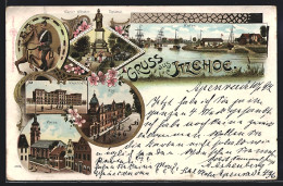 Lithographie Itzehoe, Kaiser Wilhelm Denkmal, Kaserne, Post, Hafen  - Itzehoe