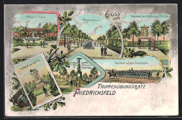 Lithographie Friedrichsfeld / Niederrhein, Wilhlemstrasse, Offiziers-Casino, Kriegerdenkmäler, Schiessplatz  - Other & Unclassified