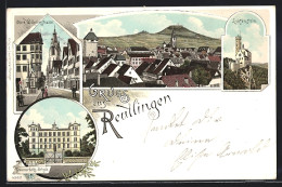 Lithographie Reutlingen, Obere Wilhelmstrasse, Frauenarbeits-Schule, Burg Lichtenstein, Ortsansicht  - Reutlingen