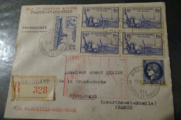 Par Premier Service Aérien France Etats - Unis 1939 Lettre Recommandée  Dieulouard - First Flight Covers