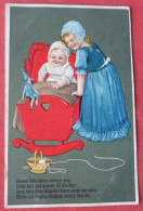 Ap Baby In Red Crib Being Rocked By Little Girl In Blue Frilly Dress And Cap PFB Series  Ref 6405 - Otros & Sin Clasificación