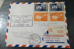 INAUGURATION DE LA LIAISON  AERIENNE  PARIS TOKYO LETTRE R 24 11 1952 - First Flight Covers