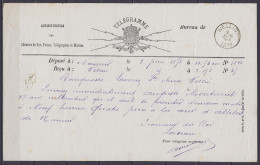 Télégramme Déposé à Namur - Càd Bureau D'arrivée WELLIN /3 JUIN 1878 - Telegrammi