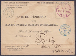 USA - Env. 'Post Office Department' (avis D'émission D'un Mandat) Càd NEW YORK /MAY 7 1880 Pour PARIS France - Càd "NEW  - Briefe U. Dokumente