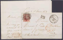 LAC Affr. N°12A P45 Càd GAND /2 FEV 1859 Pour Comte De Montblanc à PARIS - [PD] - Càd Bureau D'échange "BELG.5 / LILLE"  - 1858-1862 Medallones (9/12)