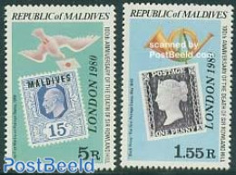 Maldives 1980 London 1980 2v, Large Overprints, Mint NH, Stamps On Stamps - Postzegels Op Postzegels