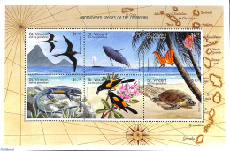 Saint Vincent 1998 Endangered Animals 6v M/s, Mint NH, Nature - Animals (others & Mixed) - Birds - Butterflies - Repti.. - Mundo Aquatico