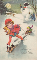 Snowman Father Christmas Chassing A Child W Teddy Bear & Dog Puppy Old Postcard - Other & Unclassified