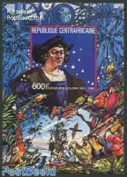 Central Africa 1985 Columbus S/s, Imperforated, Mint NH, History - Nature - Transport - Explorers - Birds - Parrots - .. - Exploradores