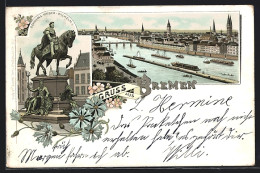 Lithographie Bremen, Denkmal Kaiser-Wilhelm I. Reiterdenkmal, Blick Auf Fluss Und Brücken  - Bremen