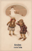 Snowman Father Christmas & Children Old Postcard - Other & Unclassified