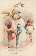 Snowman Father Christmas W Glasses & Children Old Postcard - Other & Unclassified