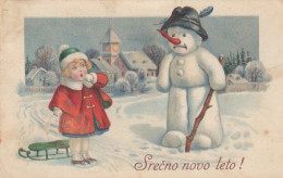 Snowman Father Christmas & Child W Sled Old Postcard - Altri & Non Classificati