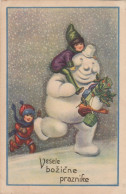 Snowman Father Christmas & Children Old Postcard - Sonstige & Ohne Zuordnung