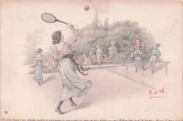 Illustrateur Signé A.D.W - TENNIS - Partie De Tennis Mixte  -1919 - Autres & Non Classés