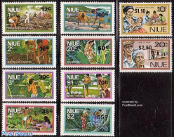 Niue 1977 Definitives Overprints 10v, Unused (hinged), Nature - Various - Fishing - Agriculture - Fishes