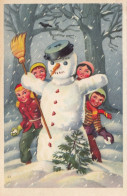 Snowman Father Christmas & Children Old Postcard - Other & Unclassified