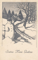 Snowman Father Christmas Standing By The Road Old Postcard - Autres & Non Classés