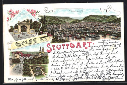 Lithographie Stuttgart, Königsthor Und Stadtansicht  - Stuttgart