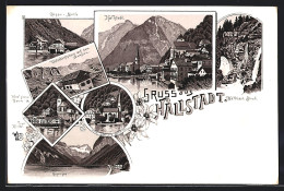 Lithographie Hallstatt, Hotel Grüner Baum, Gosau-Mühle, Unterkunftshaus Auf Dem Dachstein, Prot. Kirche  - Autres & Non Classés