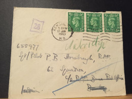 GB, Cachet N° 28 Le 17 Janvier 1943, RAF Base Post Office Bombay Aout 1943 Au Verso, - Cartas & Documentos