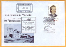 2010 Moldova Bessarabia Special Envelope Eminescu In Chisinau 1885, Locomotive, Train Station, Train Movement - Moldova