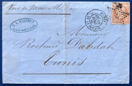 Lettre 18 AVR 1866 N°23 40c Orange Oblitéré Etoile + Dateur T15 " PARIS / PL.DE LA BOURSE " Pour TUNIS Par BONE/ALGERIE - 1862 Napoléon III