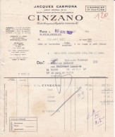 Facture CINZANO Apéritif Jacques Carmona à Paris Pour Démange à Mâcon 1937 - Levensmiddelen