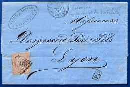 Lettre 28 MAI 1867 N°23 40c Orange Oblitéré GC 5095 + Dateur T22 " SALONIQUE / TURQ.D'EUROPE " Pour LYON Par DARDANELLES - 1862 Napoleon III