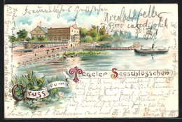 Lithographie Berlin-Tegel, Restaurant Tegeler Seeschlösschen, Dampfer Am Anleger  - Tegel