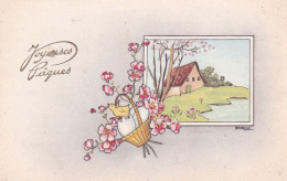 Illustrateur BARNINI  - Joyeuses Pâques-- Panier Avec Oeufs Et Poussin, Fleurs Et Paysage Au Second Plan - Autres & Non Classés