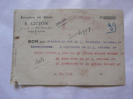VIEUX PAPIERS - BON Pour Prendre Un Fut 50 L Vinaigre : Epicerie De Gros R. GITTON - Orléans 1935 - Andere & Zonder Classificatie