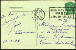 Flamme Jeux Olympiques De Paris De 1924 Sur CP De Paris - 16 Mars 1924 - 1906-38 Semeuse Camée