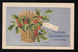 Weidenkorb Mit Stechpalme Zweig Beeren Glückwunsch Geburtstag, Görlitz 27.8.1909 - Altri & Non Classificati