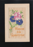 Rosa Und Blaue Blaumen Strauß Gestickt, Wünsche Zum Geburtstage, Ungebraucht - Sonstige & Ohne Zuordnung