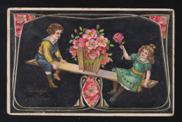 Kinder Auf Einer Wippe Mit Blumenkorb Blüten Rahmen Art Deco Amsterdam 31.5.1911 - Tegenlichtkaarten, Hold To Light