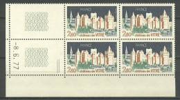 FRANCE 1977 N° 1949 ** Bloc De 4 Coin Daté 77 Neuf MNH Superbe C 6 € Château De Vitré Tourisme Castle - Unused Stamps