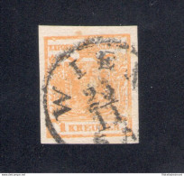 1850-54 Austria - Impero, Aquila Bicipite, N. 1a - 1 Kreuzer Arancio, Firmato/Sign Ferchenbauer - Ampi Margini - Andere & Zonder Classificatie