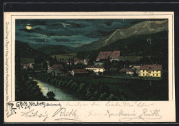 Lithographie Neuberg /Steiermark, Ortsansicht Mit Badehaus Bei Vollmond  - Other & Unclassified