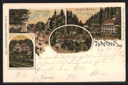 Lithographie Tobelbad B. Graz, Kaltes Bad Und Wandelbahn, Kurplatz Und Kirche, Aktienhaus  - Sonstige & Ohne Zuordnung