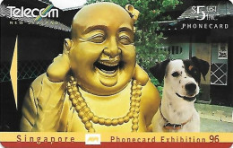 New Zealand: Telecom - 1996 Phonecard Exhibition Singapore 96, Spot Laughs With Golden Buddha - Nieuw-Zeeland
