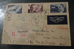 LETTRE RECOMMANDEE CACHET  1928 1948 DE BEAUVAIS Via RIO DE JANEIRO - Eerste Vluchten